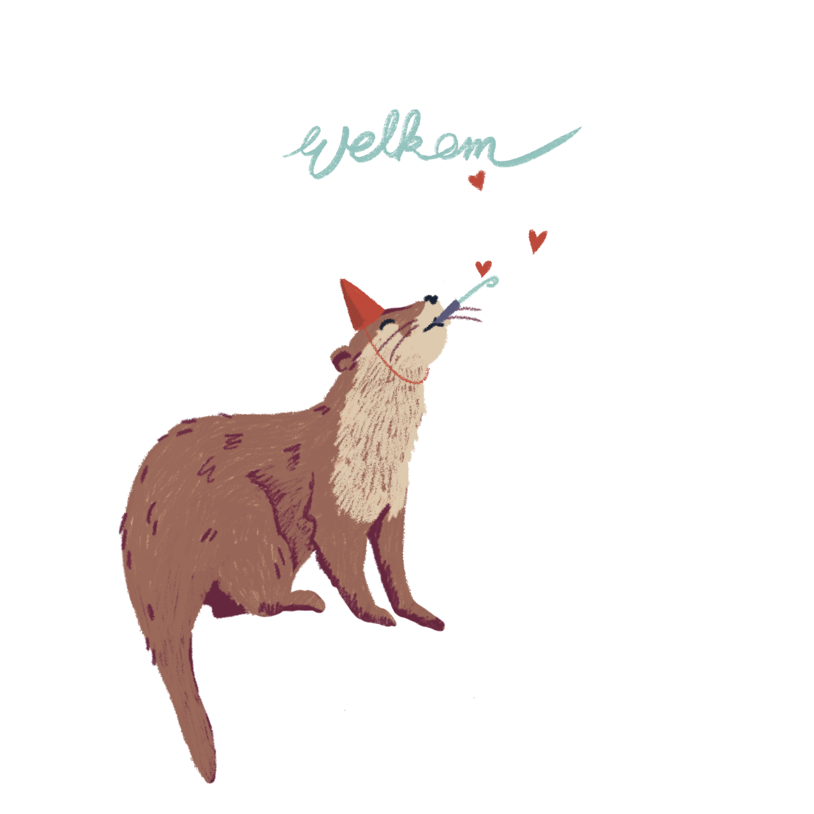 Otter in de voorgrond van het geboortekaartje voor Abel Otter. Hij heeft een feesthoedje op en blaast op een roltoeter. Boven zijn hooft staat 'Wellkom'.